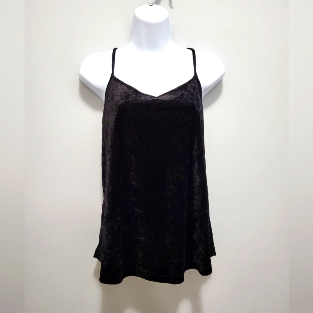 City Streets Womens Medium Black Velour Top Spaghetti Strap Y2K V-Neck Cami